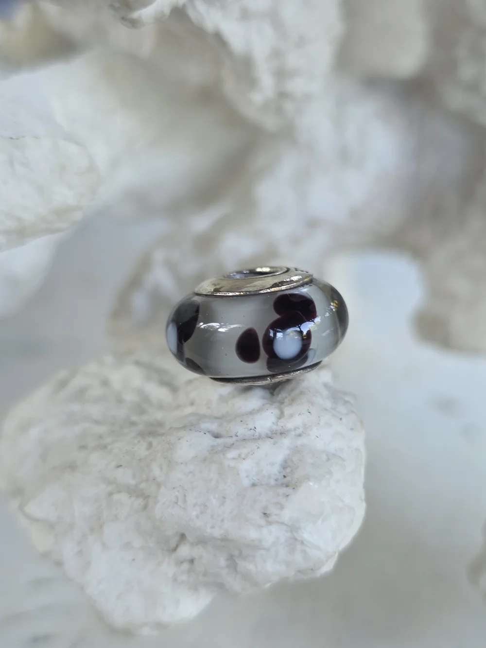 Pandora Gray Glass Charm with Black and White Dots